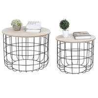 2pcs living room storage side table set coffee table with metal basket and wood tabletop