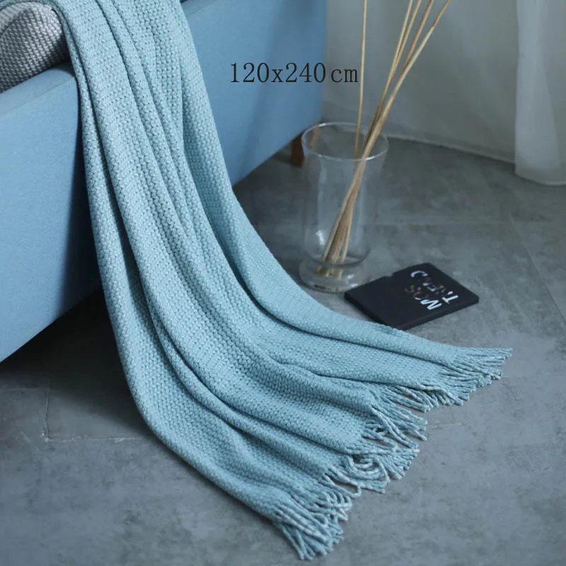 sky blue Вязаное декоративное одеяло с кисточкой для кровати/дивана/офиса/кемпинга/Путешествия/сна - Цвет: sky blue