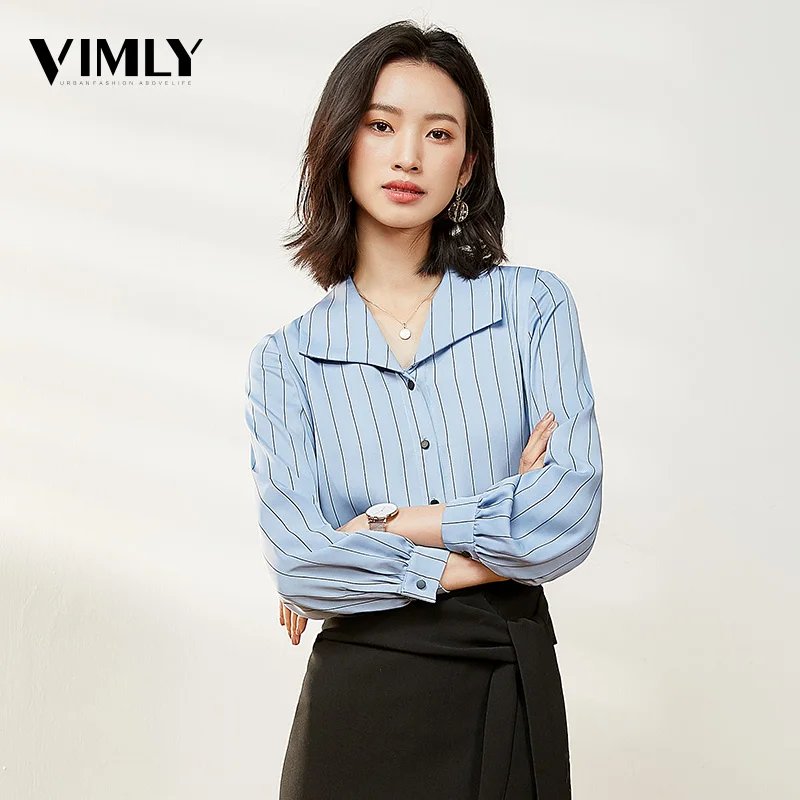 Vimly элегантная Офисная Женская полосатая блузка Весенняя Осенняя Повседневная