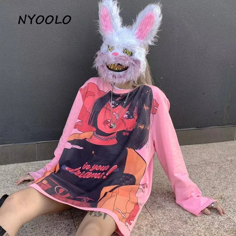 NYOOLO японский Harajuku Винтаж мультфильм аниме девушка печати футболка осень уличная свободная футболка с длинными рукавами для женщин и мужчин Топ