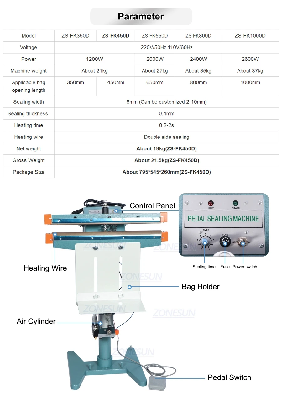 ZONESUN ZS-FK450D Pneumatic Heat Sealing Machine