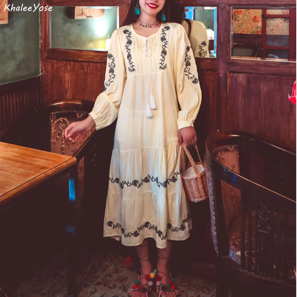 

Khalee Yose Vintage Floral Embroidery Dress Boho Ethnic Chic Summer Holiday Women Dresses Tassels Sexy Female Ladies Beach Dress