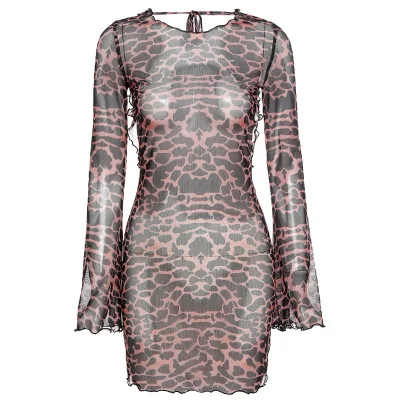 

Sexy Backless Dress Women Fashion See Through Halter Leopard Print Dress Clubwear Long Sleeve Bodycon Female Mini Dress Vestidos