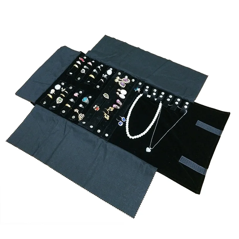 

Superior Black Leather Multi Jewelry Display Bag Foldable Roll Travel Roll Pouch Organizer for Necklace Ring Earring Bracelet