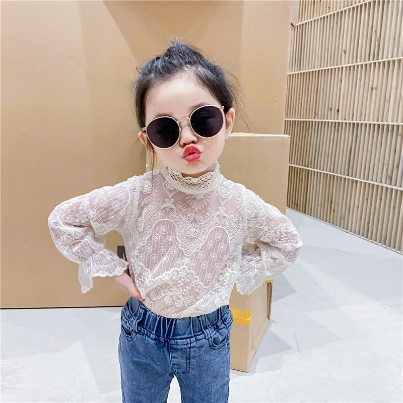 

Keelorn Girls Fashion T-shirt 2021 Korean Spring Kids Lace Turtleneck Tops Fall Long Sleeve Children Flowers Clothing For Girl
