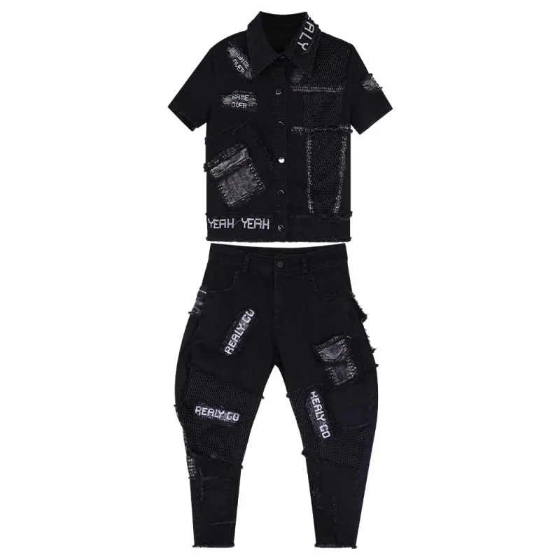 

Streetwear Punk Style Women Denim 2 Piece Set Short Sleeve Jacket Hollow Out Splice Harem Pants Jeans Female Matching Set Outfit