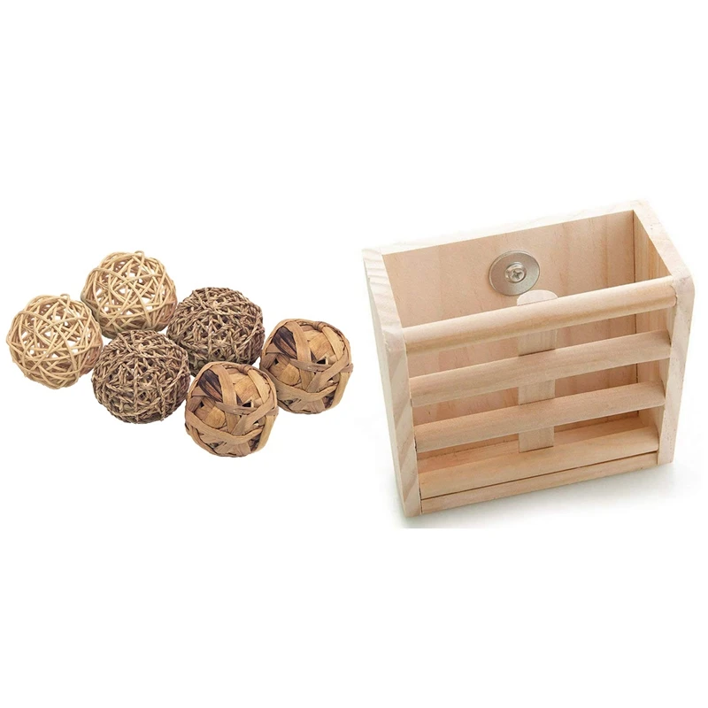 

1x Rabbit Hay Feeder Rack,Natural Wooden Hay Manger, Hamster Gerbil Rat & 6x Small Animal Activity Toy