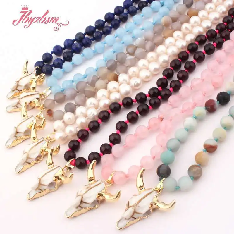 6mm Round Garnet Lapis Amazonite Natural Stone Beads Bohemian Tribal Horn Pendant Jewelry Necklace For Woman Christmas Gift 25&quot |