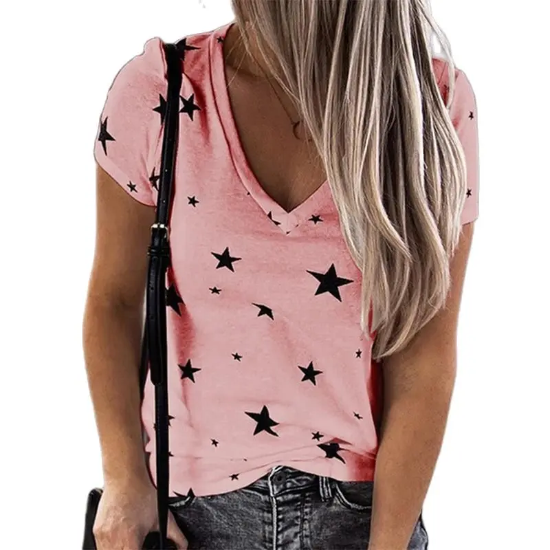 

Women V Neck Sexy Printed Stars Loose Casual Short Sleeve T-shirt Ladies Clothing Bottoming Top Wild T-Shirt Plus Size