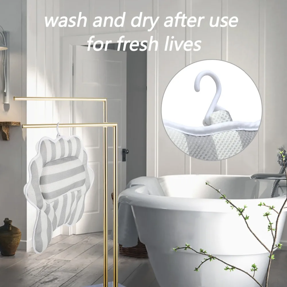Bathroom Pillow Neck Support Anti-Slip Belt 6 Powerful Suction Cups 3D Mesh Mold Design Bath Pillows Waterproof and Quick Dry