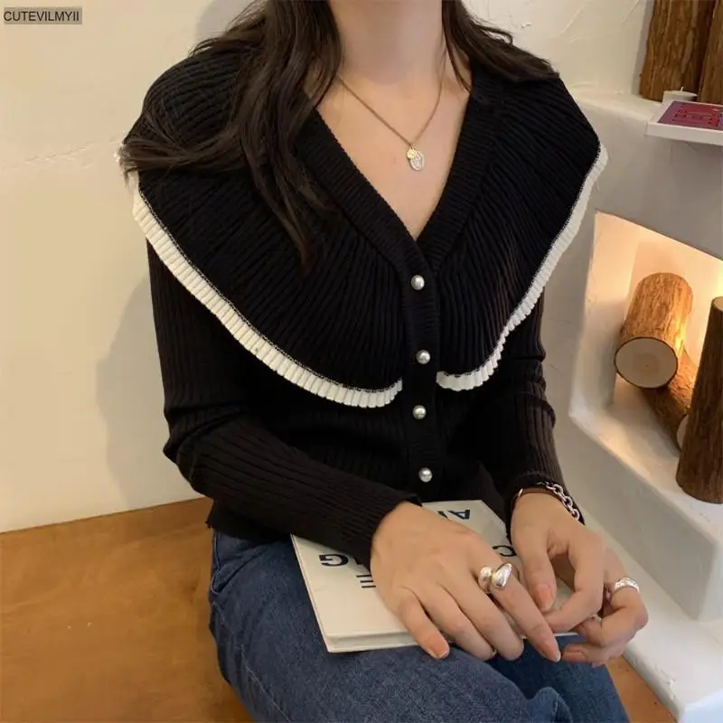 

Autumn Women French Contrast Ruffle V-Neck Jacket 2020 Solid Color Gentle Elegant Versatile Chic Fashion Cardigans