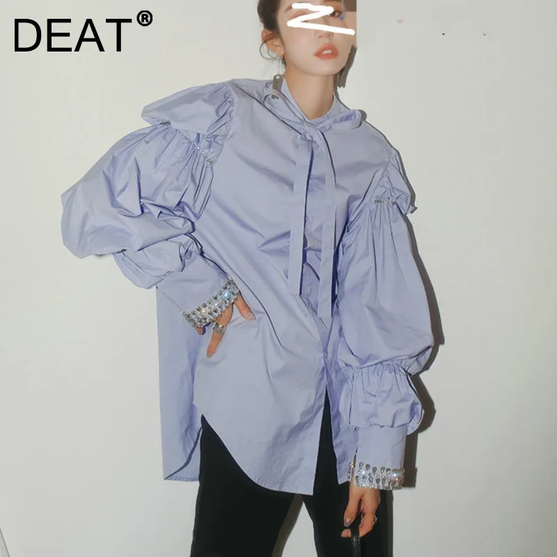 

DEAT 2021 New Spring And Autumn Fashion Casual Blue Shirt Loose Hot Drilling Nail Bead Loose Puff Sleeve Top Women SL560