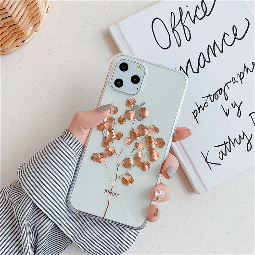 N1986N покрытие из розового золота для iPhone 11 11 Pro Max X XR XS Max 7 8 Plus чехол для телефона роскошный художественный лист Дерево мягкий IMD для iPhone 11