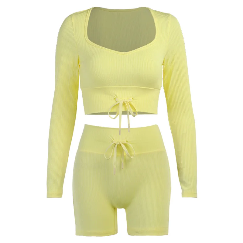 

2021 Solid Color Gym Shorts Pants Sets O-neck Long-sleeved Sports Crop Top High Waist Leggings Shorts Yoga Set Women's Tracksuit