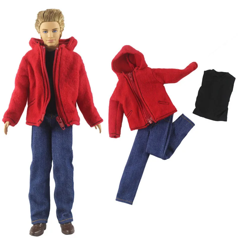 

1set Black Tank Denim Trousers Pants Red Fur Coat for Ken Boy Doll Clothes Outfits Suit Clothing for Barbie's Boyfriend Ken