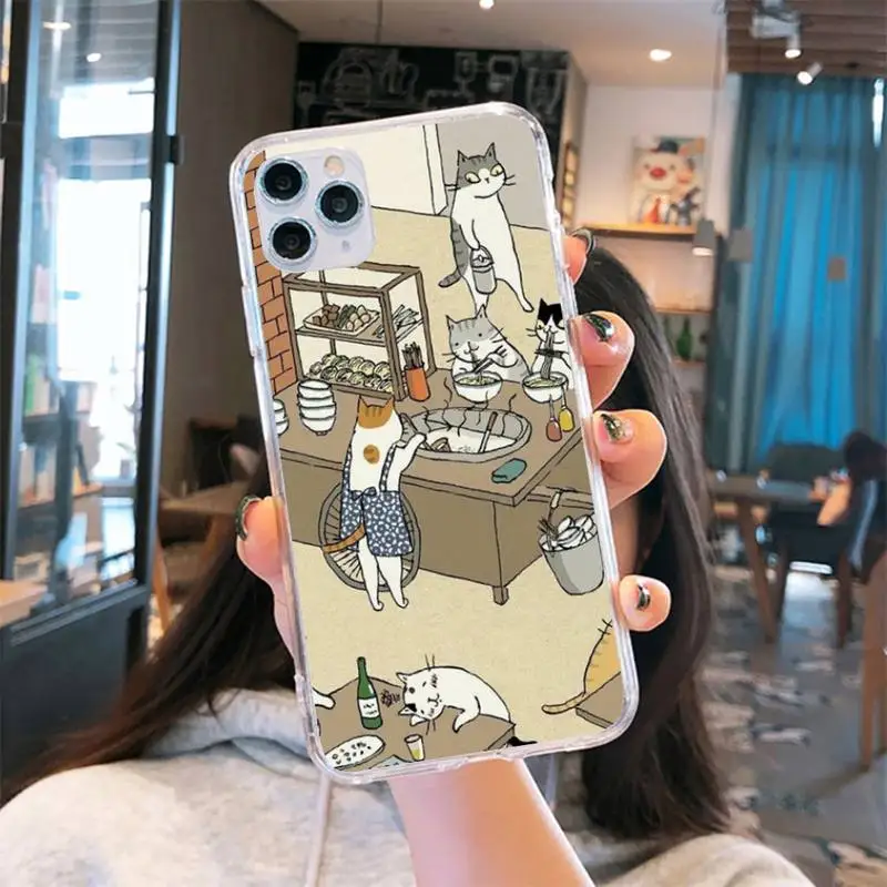

Retro illustration Cute Japanese Cats Phone Case Transparent for iPhone6 7 8 11 12 s mini pro X XS XR MAX Plus cover funda shell