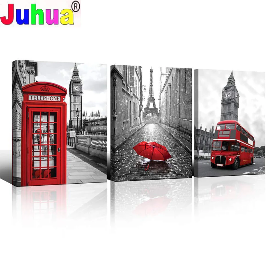

3 Piece Diamond Painting Tower London Big Ben Red Umbrella Bus Telephone Booth City View Full Round Diamond Embroidery Triptych