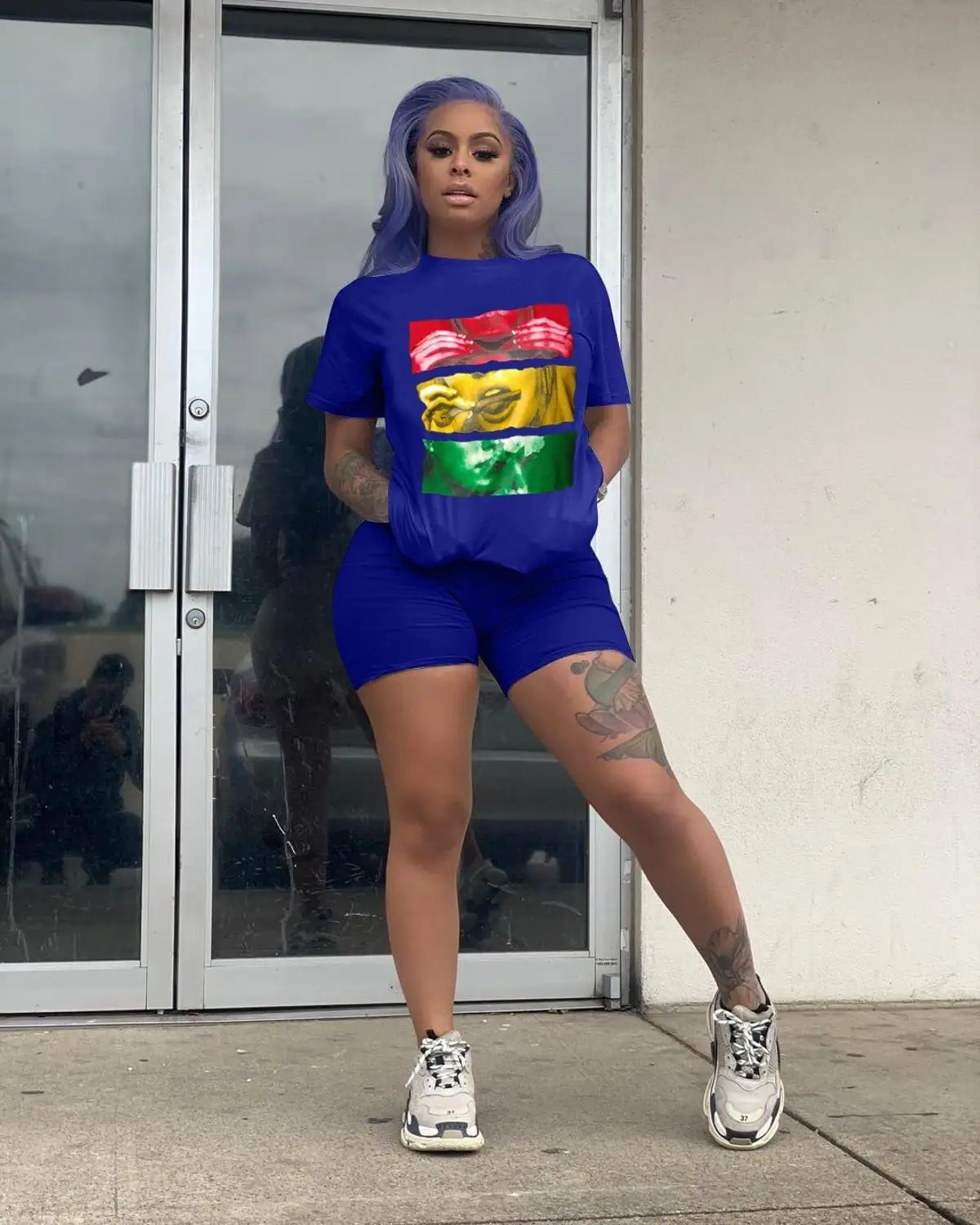 

2020 summer hot sale simple solid color round neck short sleeve print top and hot shorts 2 pieces set high street lady outfits