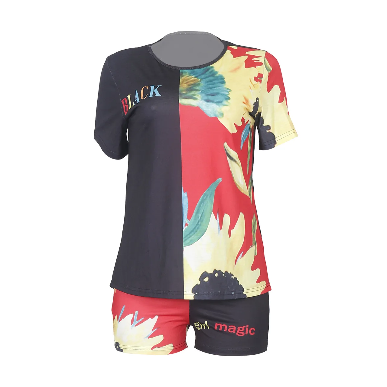 

Summer 2020 Women 's Suit Contrast Color Stitching Letter Print Round Neck T- Shirt Shorts Two - Piece Set Ladies's Clothes