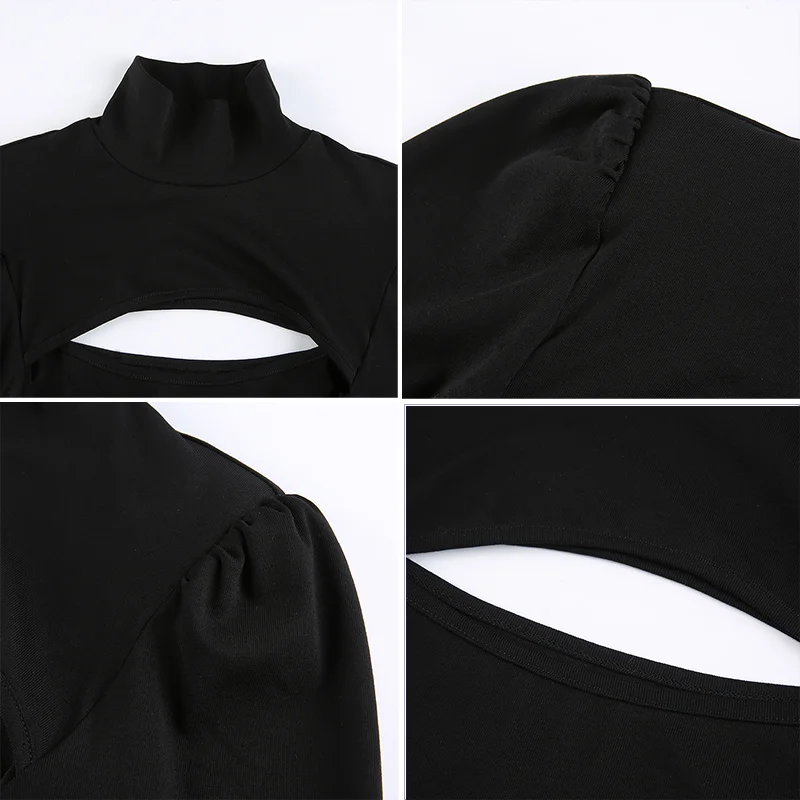 

Rockmore Solid Hollow Out Women T-Shirt Bodycon Long Sleeve Basic Harajuku Gothic Tops Tee Aesthetic Korean Fashion TShirt 2021