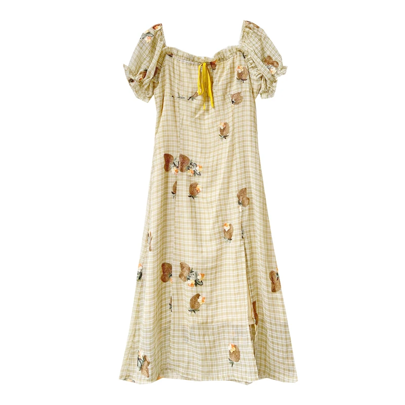 

women's clothing new summer fashion square collar plaid embroidery dress bow short sleeves fairy dresses female