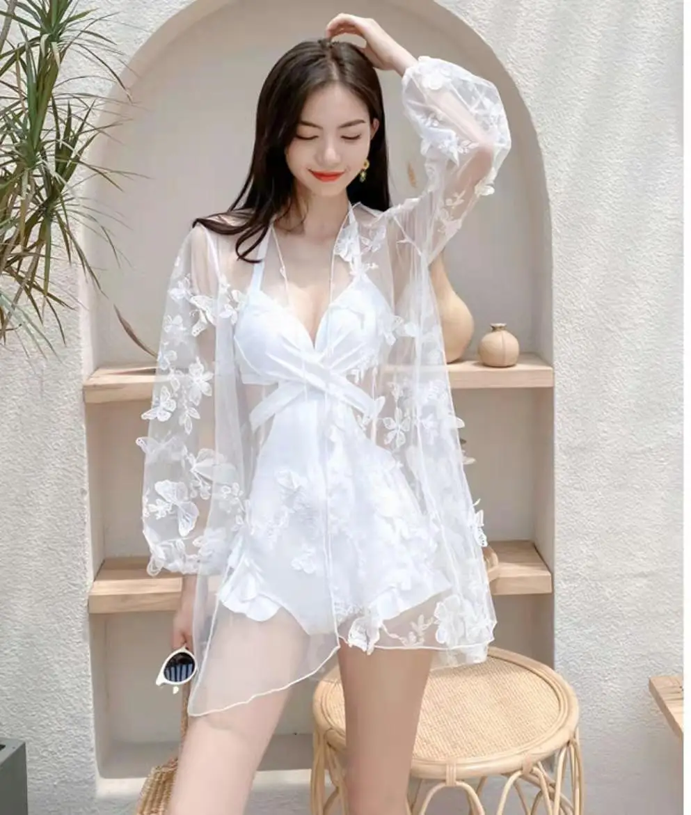

2021 New Swimsuit Women's Korean Version Sexy Solid One Piece Bikini Swimsuit Two Piece Small Chest Gathered Triangle Swimsuit