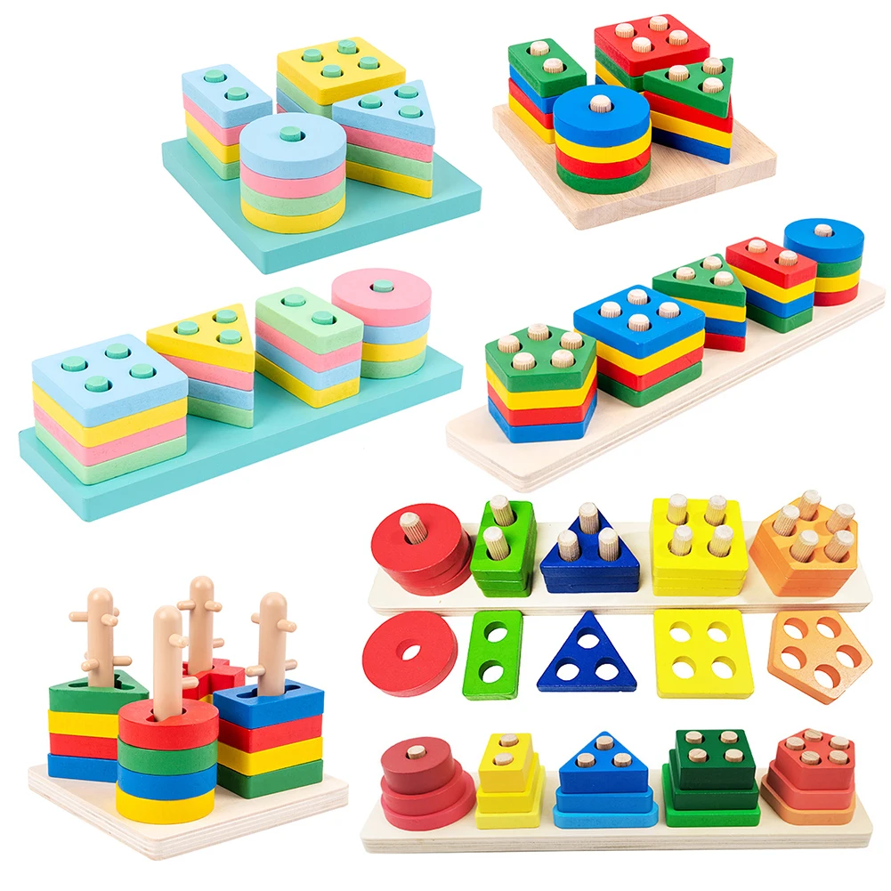 

Wooden Block Toy Baby Wooden Geometric Shapes Sorting Math Toys Set Montessori Educational Building Block Stacking Toy