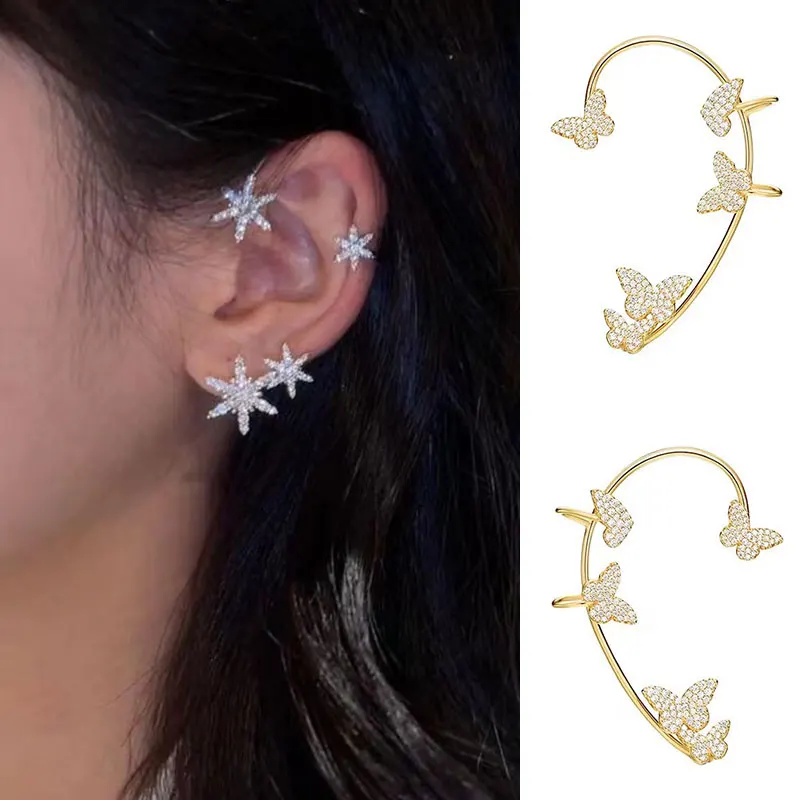 

Gold Plated Metal Ear Bone Clip For Women Sweet Exquisite Sparkling Zircon Butterfly Ear Cuff Clip Earring French Style Jewelry