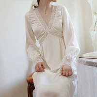 qweek silk elegant long nightgown women autumn satin luxury sleepwear lace nightie princess white dress nightdress loungewear