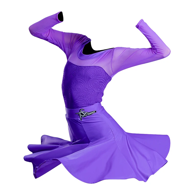 

2020 Latin Dance Dress Kids Girls Purple Round Neck Professional Competition Costume Autumn Samba Dancing Clothes Training Set
