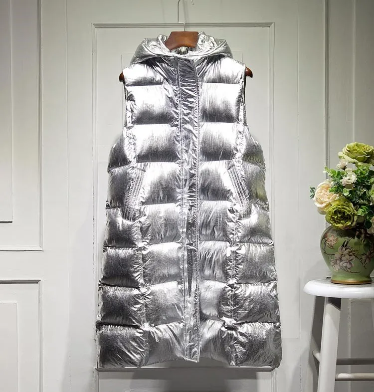 Уличная одежда длинная куртка жилет Женский Золотой Серебряный Теплый Блестящий