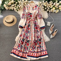 new spring autumn women fashion outwear bohemian holiday long sleeve standing collar elegant dress hit color sexy dress