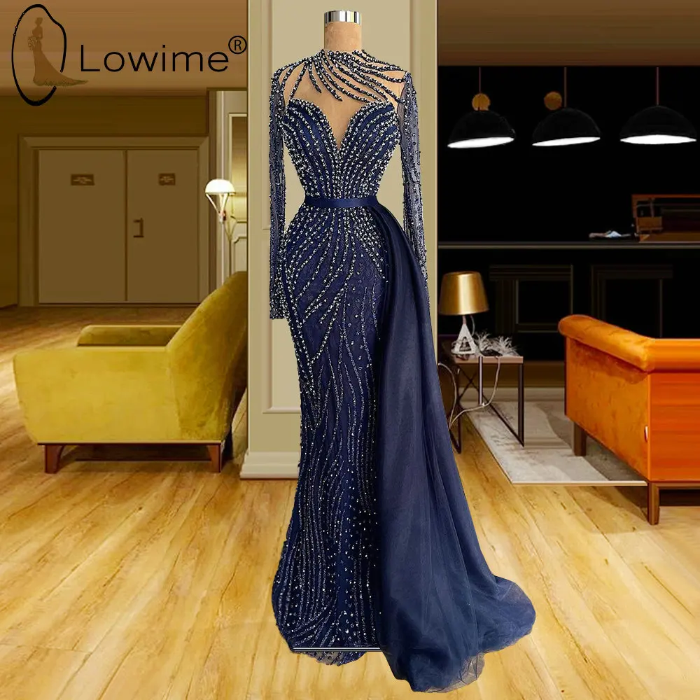 

Arabic Style Navy Blue Long Sleeve Mermaid Evening Dresses 2021 Beads Crystal Middle East Tulle Formal Party Gowns