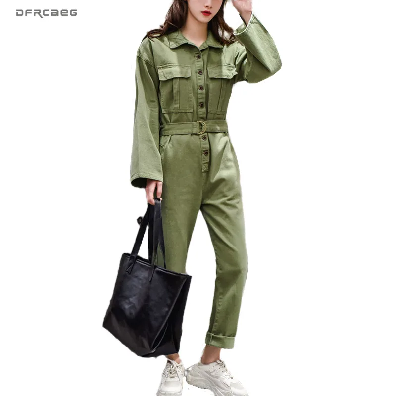 

Army Green Vintage Jeans Jumpsuit For Women 2020 Autumn Loose High Waist Long Denim Romper Wide Leg Pants Strretwear Overalls