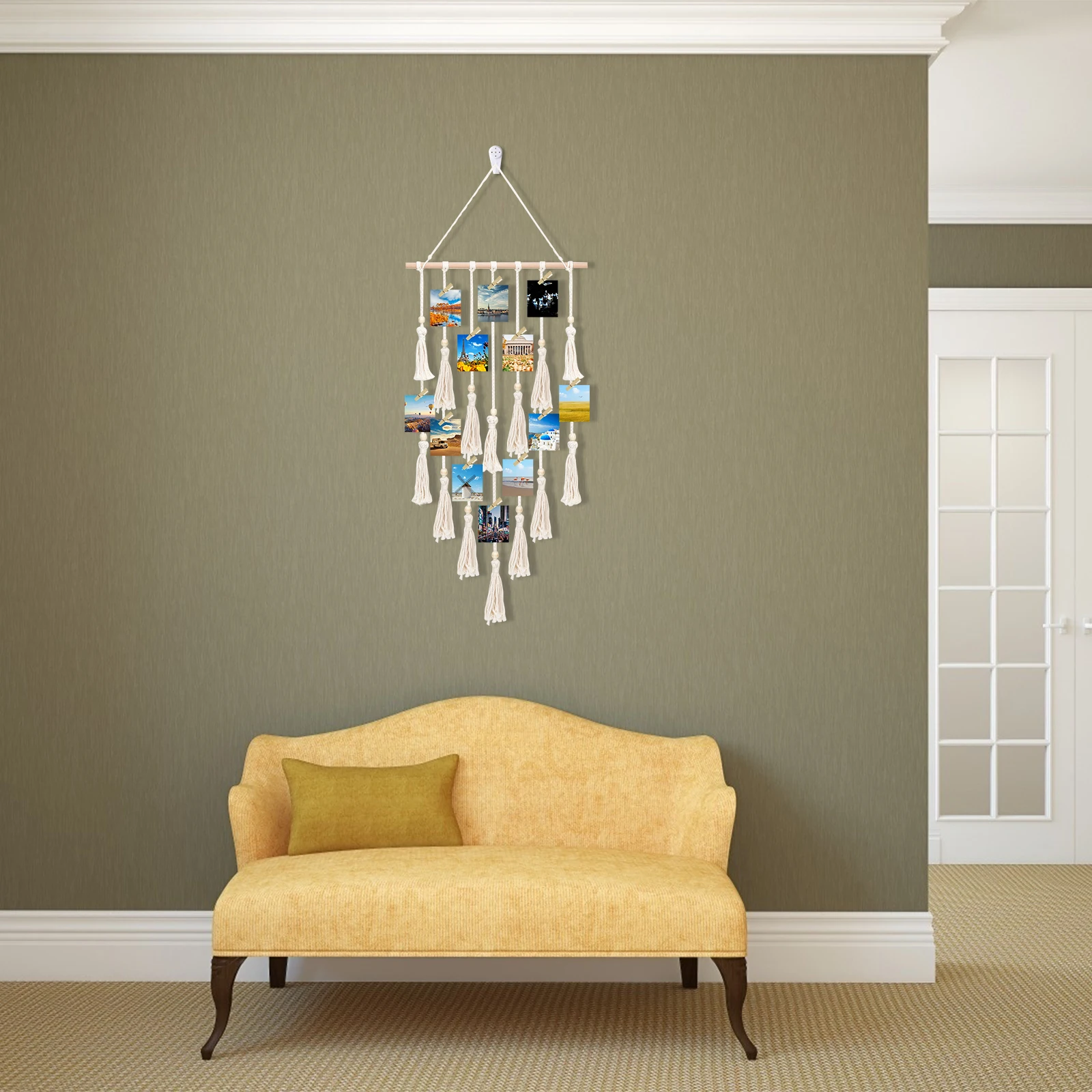 

Wall Hanging Photo Display Macrame Pictures Organizer Boho Home Decor W/30 Wood Clips Birthday Ivory Tassel Decoration Simple