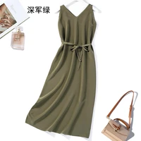 womens 100 pure silk v neck sexy sleeveless solid color long dress l xl jn039