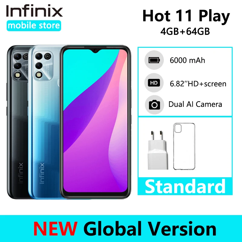 Infinix Hot 11 Play Global Version 6.82'' HD+ Display Smartphone 6000mAh Battery Helio G35 13MP AI Dual Rear Camera Android 11