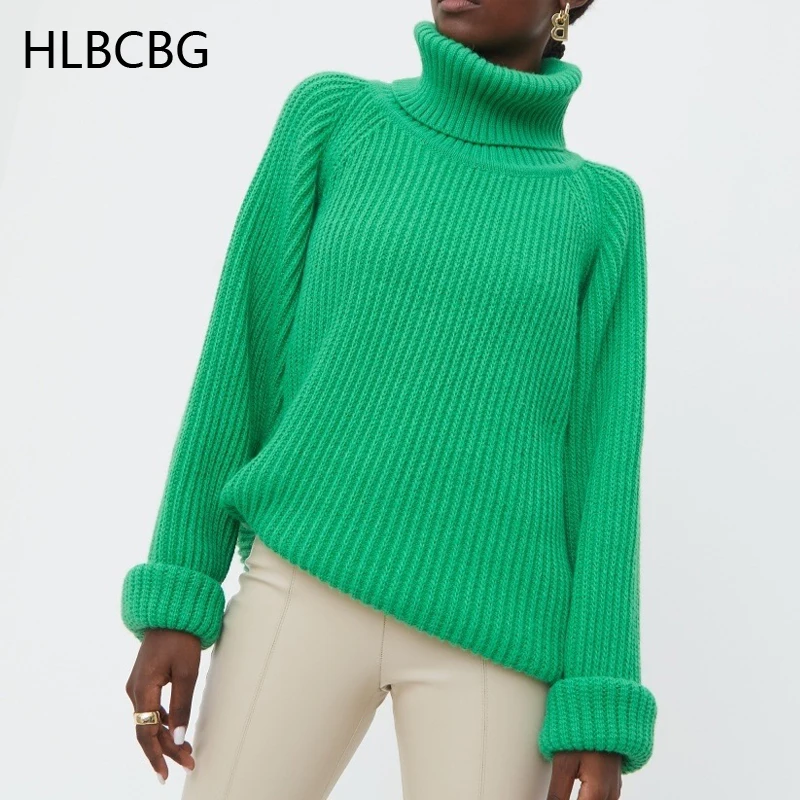 

HLBCBG Women's Turtleneck Long Sleeve Sweater Knitted Green Casual Female Autumn Winter Jumper Elegant Ladies Pullover Sweaters