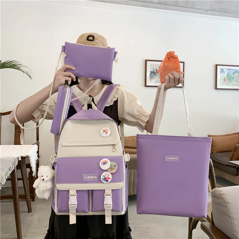 

5pcs Set Women Backpack Laptop Canvas School Bags Cute Girls Kawaii College Student Book Children Bag Rucksack Handbag 2021