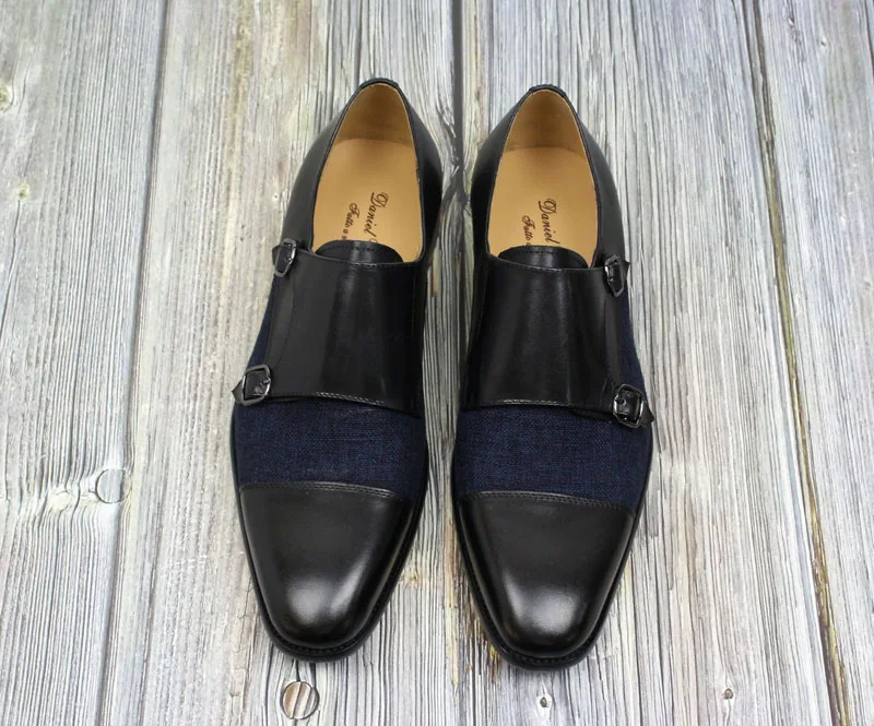 DANIEL WAFER Brand Designer Monk Strap Mens Dress Shoes Genuine Leather With Denim Black Brown Wedding Party Dress Shoes Men