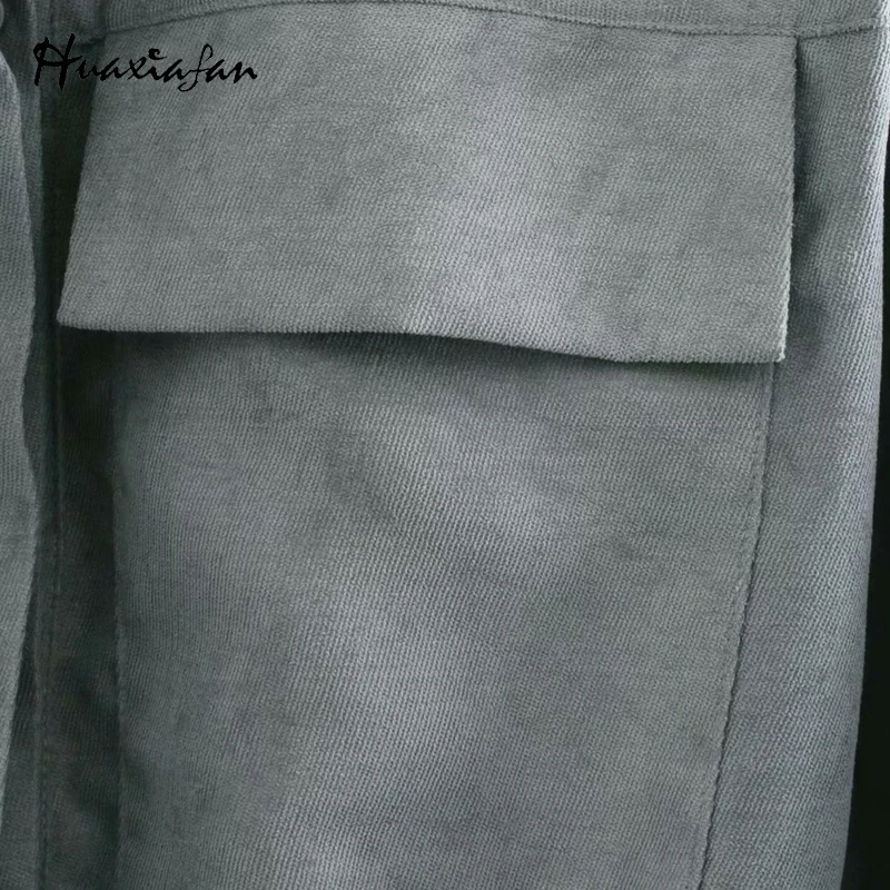 

Huaxiafan Classic Grey Corduroy Mini Dress for Women with Belt Elegant Ladies Za Vestidos Dresses Female mujer 2021 Spring New