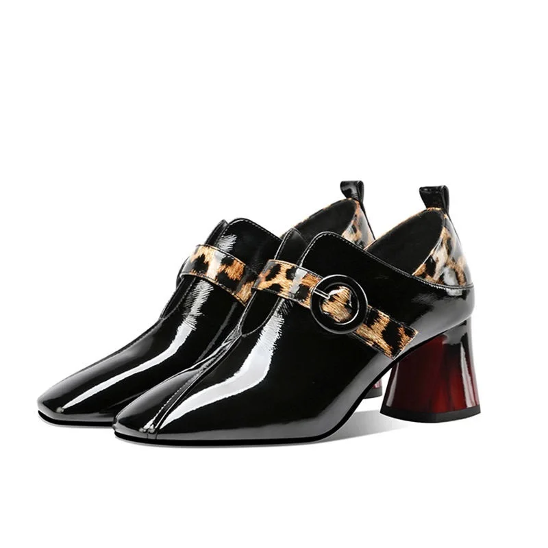 

Fall Single Shoes Woman High Heels Women Pumps Square Toe Leopard Pattern Buckle Thick Heel British Female Patent Leather