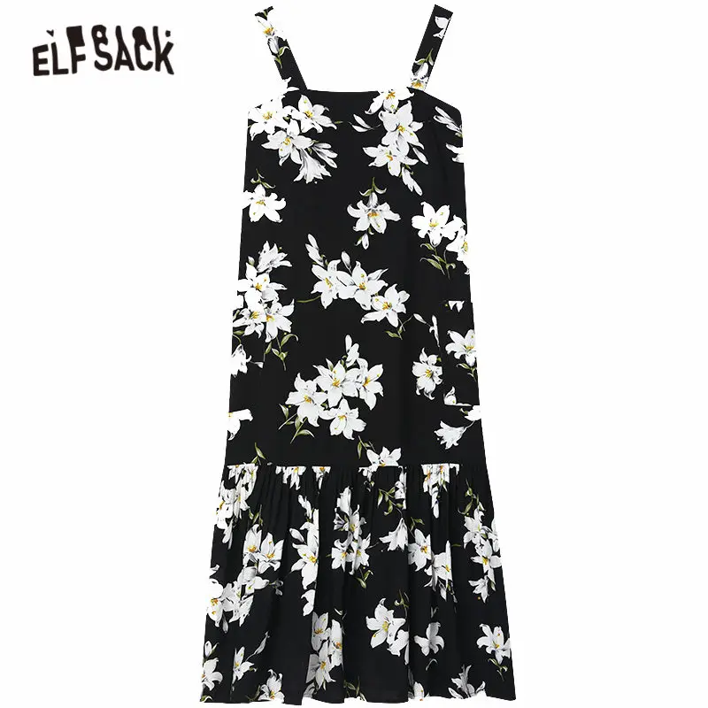 

ELFSACK Black Floral Print Casual Chiffon Slip Dresses Women 2020 ELF Summer New Patchwork Ruffles Ladies Korean Holiday Dress