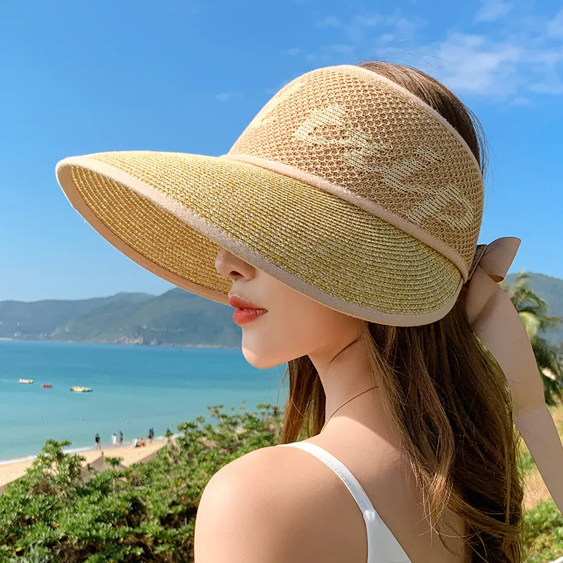 

Letters Wide Brim Sun Caps for Women Empty Top Sun Hat Anti-UV Straw Summer Hat Outdoor Sunscreen Beach Caps Bandage Headwear