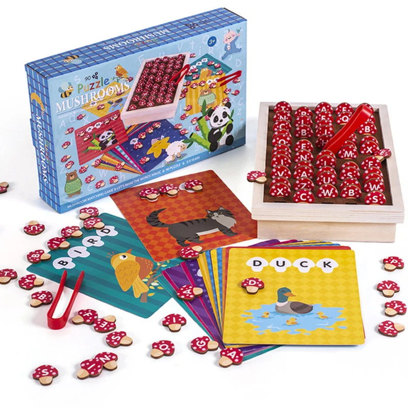 

Baby montessori tongue toys alphabet English spelling mushroom card reading choose match games Early educational learning