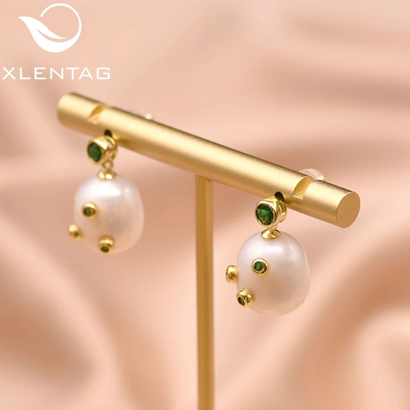 Женские серьги капли с натуральным пресноводным белым жемчугом XlentAg зеленый