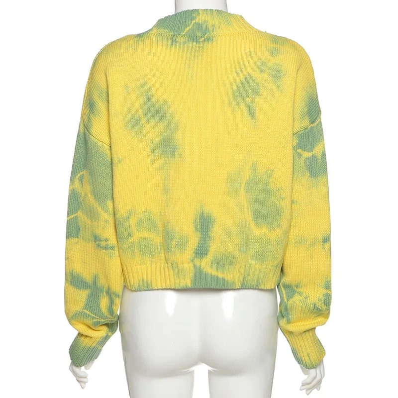 

Tie dye Print Cardigan Oversized Sweater Women Cute Blue Yellow Knitted Pin Jumpers Casual Korean Fashion V Neck Autumn Winter