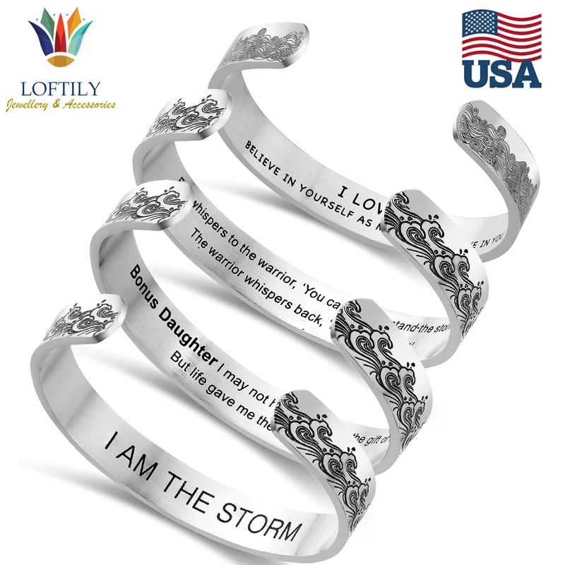 

Male Inspirational Bracelets Steel Engraved Spindrift Cuff Bracelets Wide Bangles Friend Christmas Gift For women Bracelets