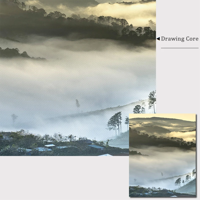 Скандинавский постер пейзаж холст живопись туман холмы деревянный лес печать