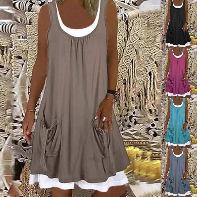 

Summer Patchwork Short Dress Women 2021 Casual O Neck Pocket Party Dress Ladies Sleeveless Loose Beach Dresses